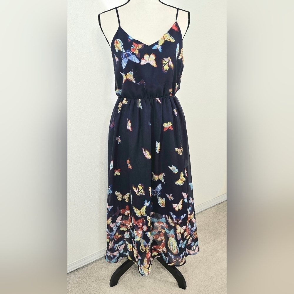 Butterfly Vibrant Print Dark Navy Blue Strappy Dress Lined Whimsical Fairycore-M